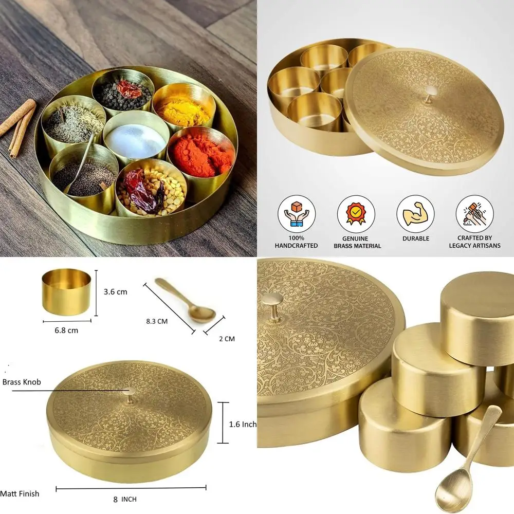 

8-Inch Golden Brass Masala Box with Spoon for Indian Spices Storage and Kitchen Organization