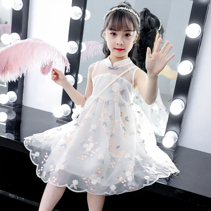 Girls Casual Dresses Summer Clothes Hanfu Fashion Children\'s Vintage Net Yarn Dress Kids Girls for School Wedding of  2-12 Years