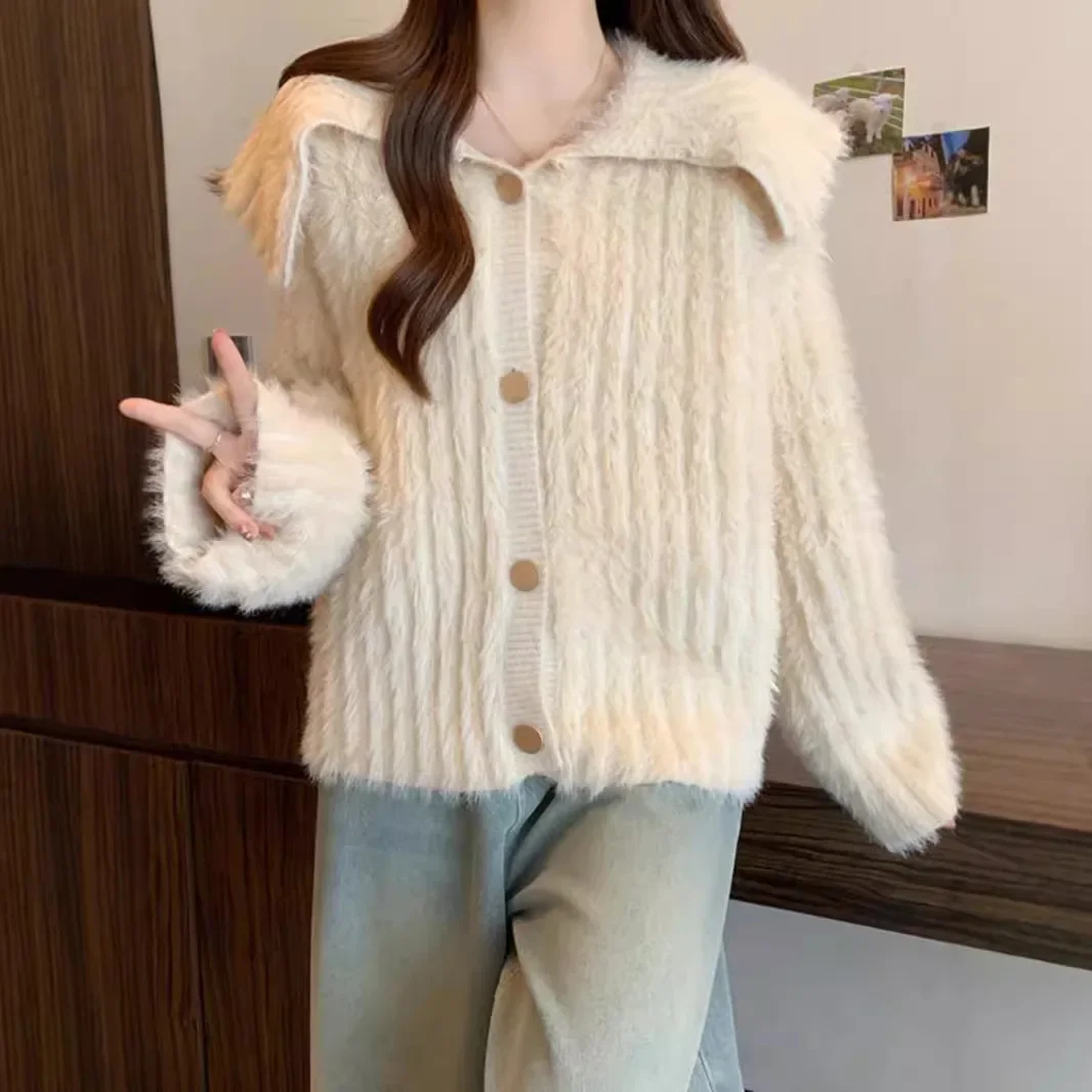 Big Lapel Pit Strip Imitation Mink Fleece Sweater Jacket Autumn Winter New Cute Doll Gentle Wind Sweet Knitted Cardigan