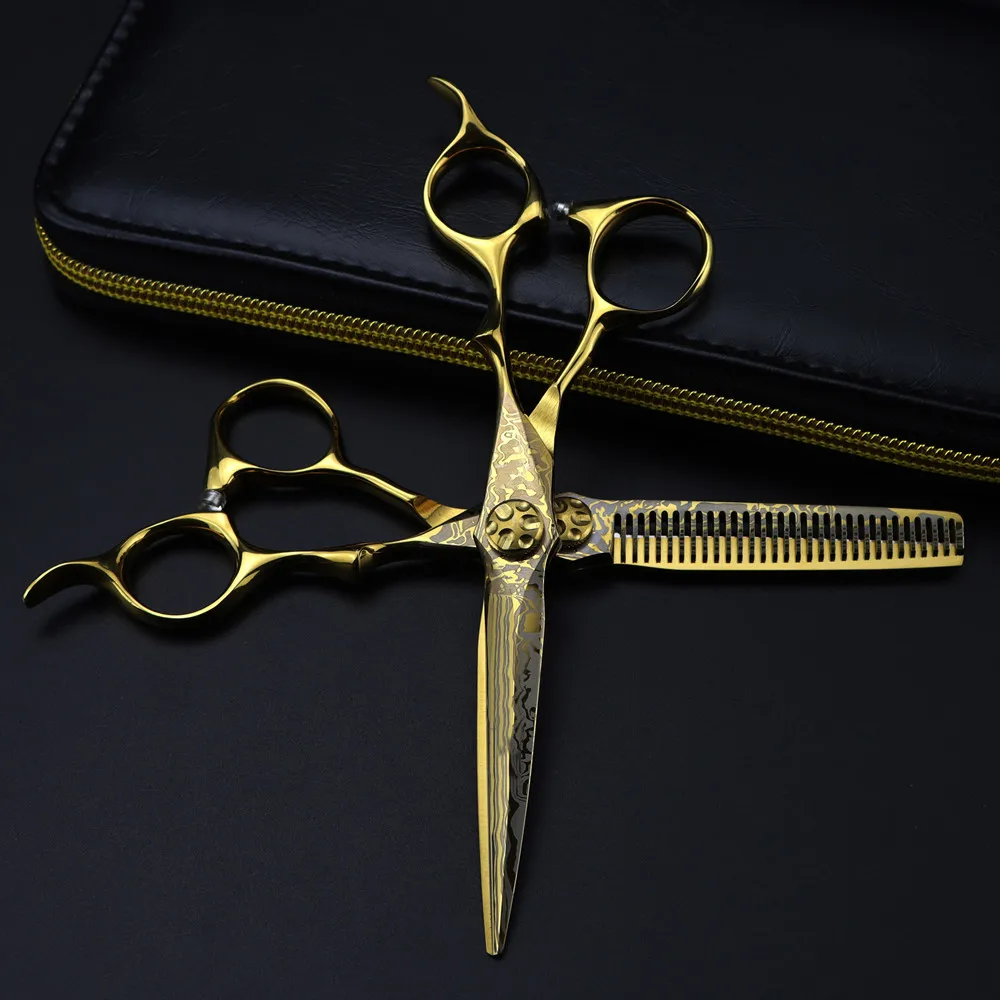 Professional 6 '' Gold Damascus cut hair scissors Flower screw cutting barber tools haircut thinning shears hairdresser scissors