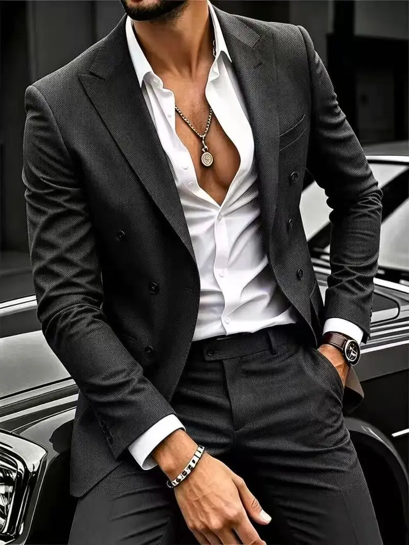 New Luxury Herringbone Wool Suit for Men Double Breasted Blazer Two Piece Set Slim Fit Formal Business Wedding Party Commuter Me