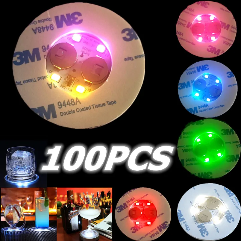 100Pcs LED Coaster Luminous Bottle Stickers Lights 6cm Lamps for Xmas Bar KTV Wedding Party Cocktail Drink Cups Vase Decor