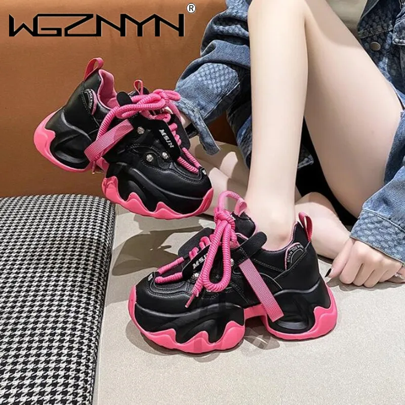 Women Casual Leather Sneakers Thick Sole Sports Walking Dad Shoes Woman New 2024 Summer Autumn Lace Up Platform Shoes Versatile