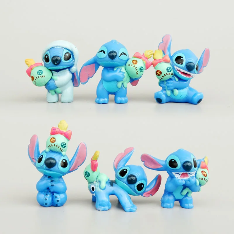 Disney-Lilo e Stitch Brinquedos Colecionáveis, Figuras Anime, Encantos Colecionáveis, Mão com Scrump, Mini GK Modelo PVC, Decoração, 6 peças por