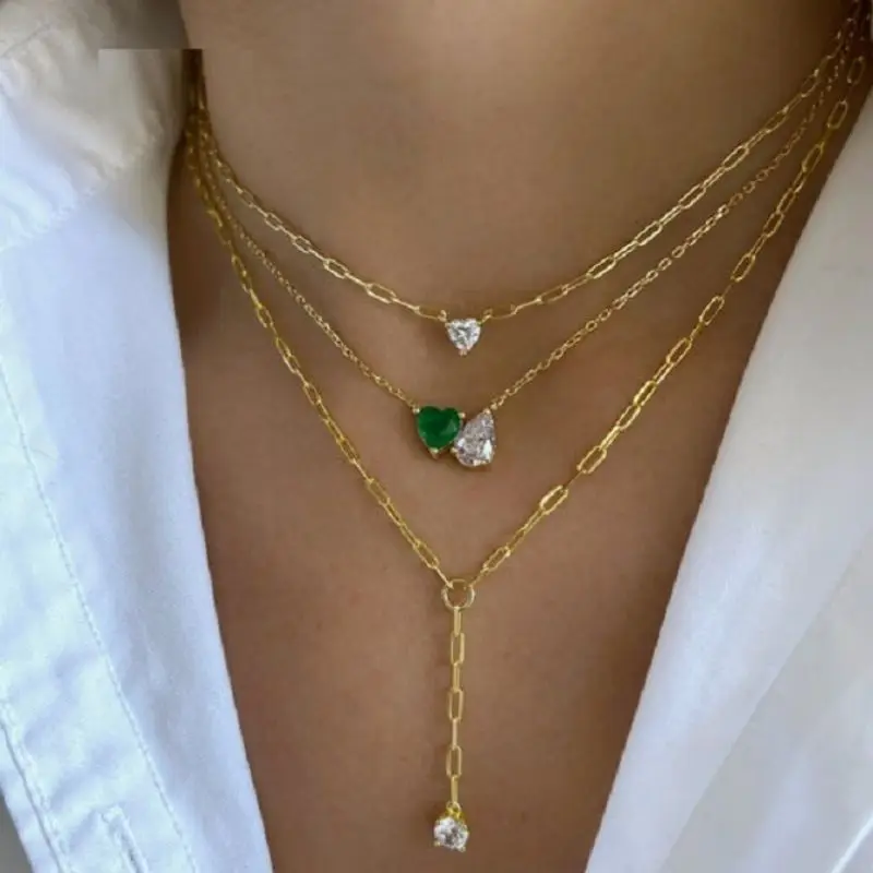 Jewelry Accessories Pink Green Heart Stone CZ Pendant Necklace for Women with Gold Plated Color Sized 41+5cm Chain for Party