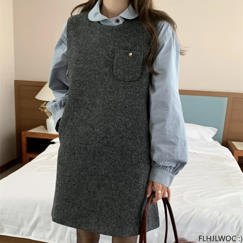 Chic Korea Feminine Vestidos Hot New Year Date Girls Women Japan Style Retro Vintage Sleeveless Cute Woolen Vest Dress