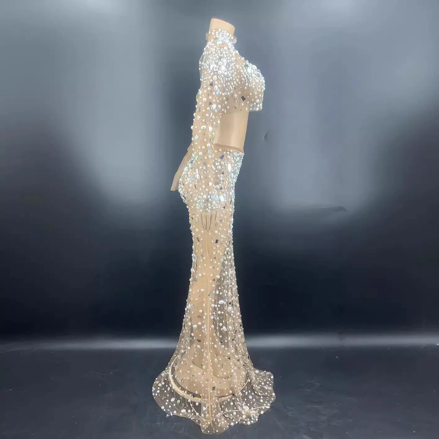 Diamond Party Dress Crystal Button Top Sexy Dress Women's Party Wear Transparent Dress Fashion Show