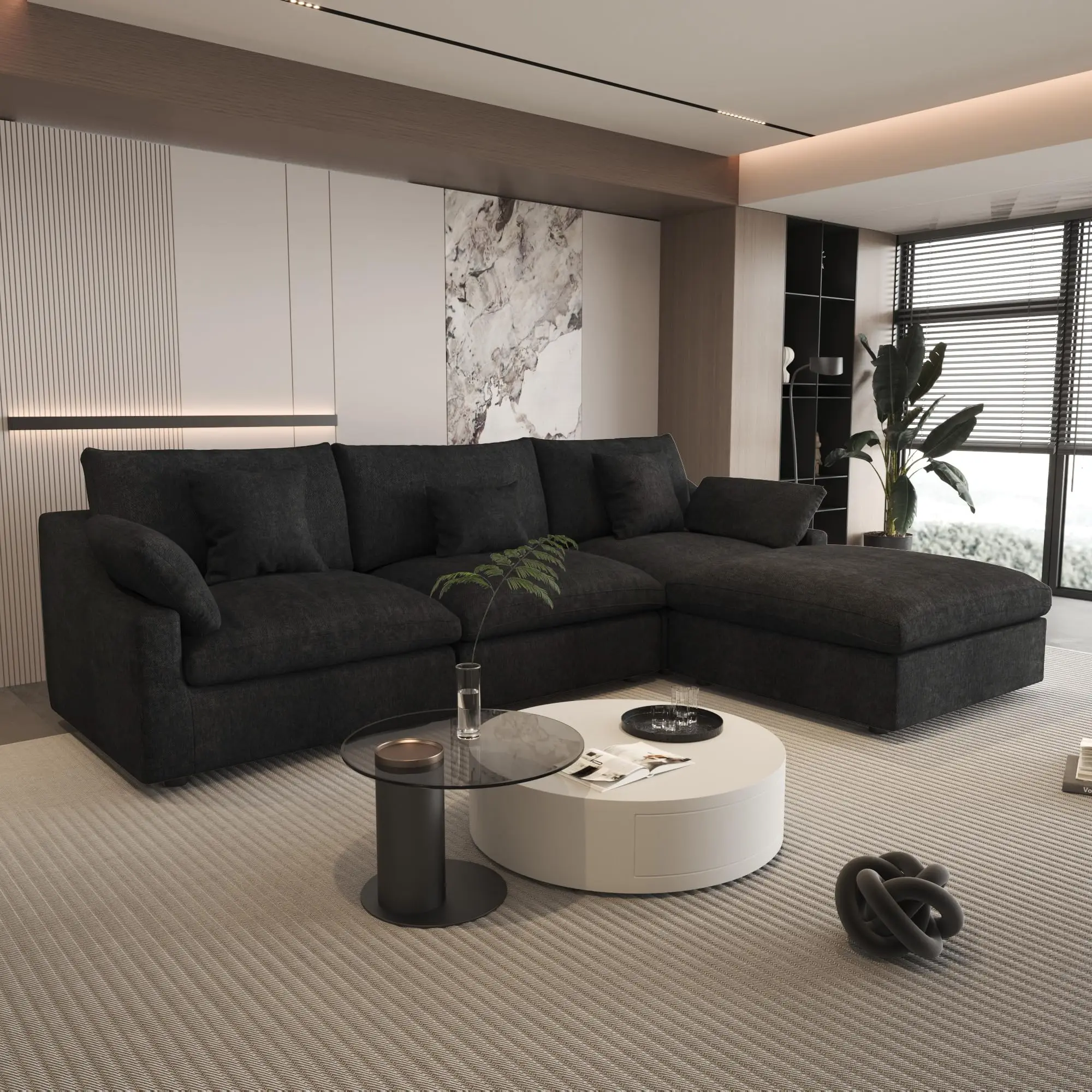 Modern Furniture Chenier Linen Blended Fabric Living Room Black Modular Combination Sofa Set