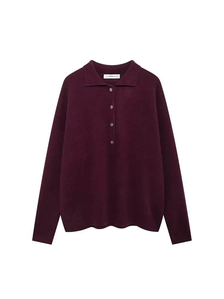 

SIYANG Women Fashion Wine Red Front Button Knitted Pullover Sweater Vintage Lapel Neck Long Sleeves Female Chic Lady Tops