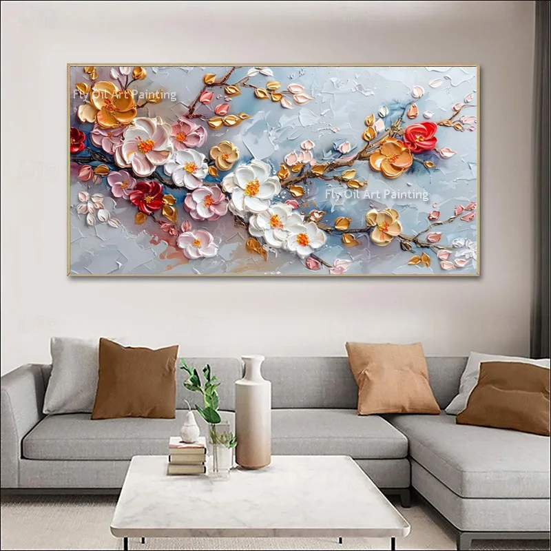 Golden Yellow White Knife Thick Flower Tree Oil Painting Handpainted New Colorful Florals Feild Canvas Wall Art For Home Decor