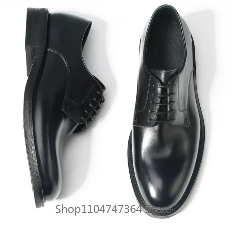 

New British Business Casual Leather Shoes Men's Genuine Leather Low Top Trendy Round Toe Derby Office Wedding Dress Shoes Male