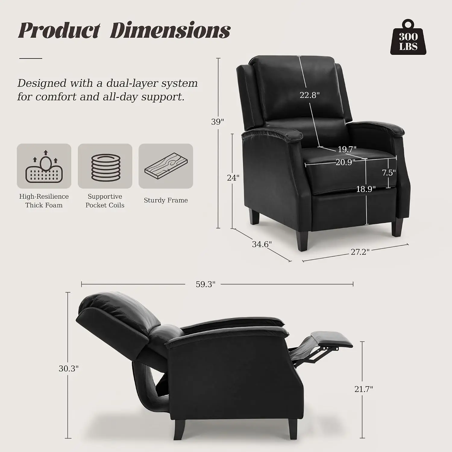Faux Leather Recliner Chair with Padded Seat & Lumbar Support, Mid Century Modern Armchair for Living Room & Bedroom, Customized