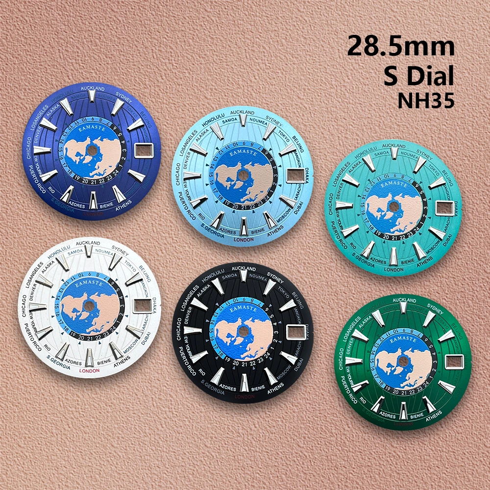 

28.5mm S Logo World Map Dial Fit NH35/NH36/4R/7S Japanese Automatic Movement Green Luminous Watch Modification Accessories