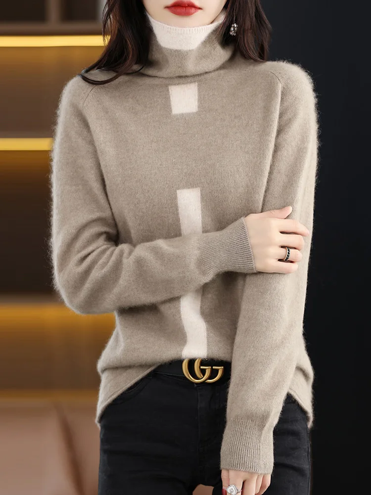 100% Pure Mink Cashmere Knitted Pullover Women\'s Free Collar Match Color Sweater Loose Long-Sleeved Blouse Autumn New Turtleneck