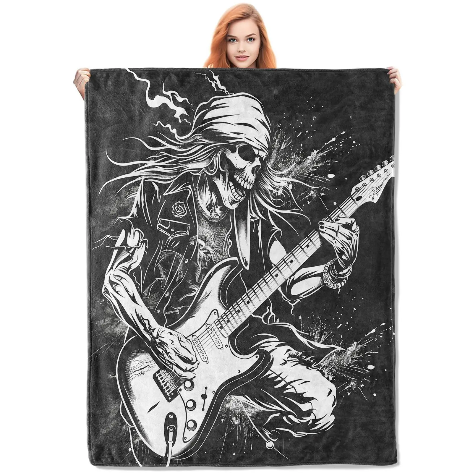 

Rock guitar skeleton digital-printed polyester Bedroom velvet flannel soft sofa cover blanket Fleece soft sofa cover blankets