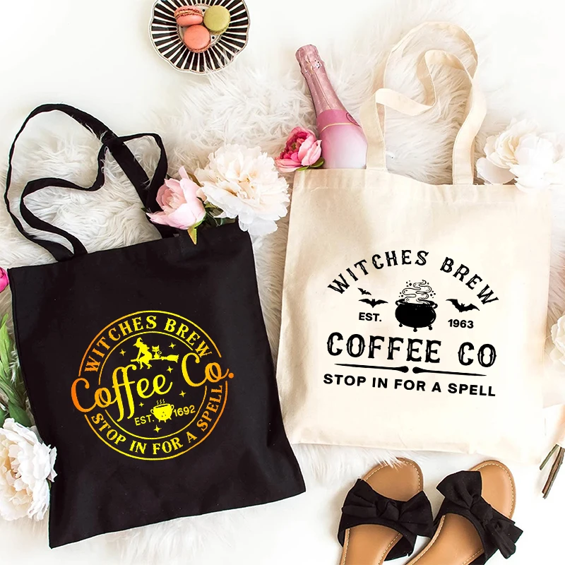 

Canvas Tote Bags Witches Coffee Co Stop in For A Spell Print Shopping Bag Funny Halloween Gift Handbag Vintage Shoulder Bag