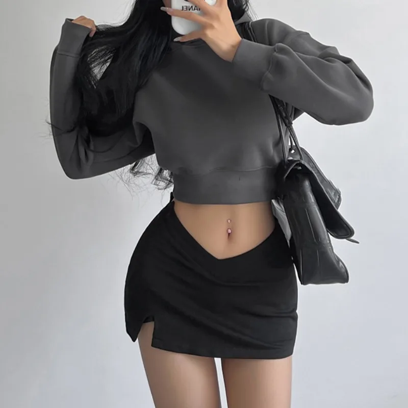 American Hooded Pullover Long Sleeved Sweatshirt Coats for Women in Spring Exposed Navel Casual Temperament Short Hoodies Sports