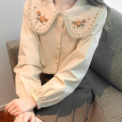 Yangqi Spring New Embroidered Doll Collar Bubble Sleeve Shirt Women's Design Sense Small and Versatile Top