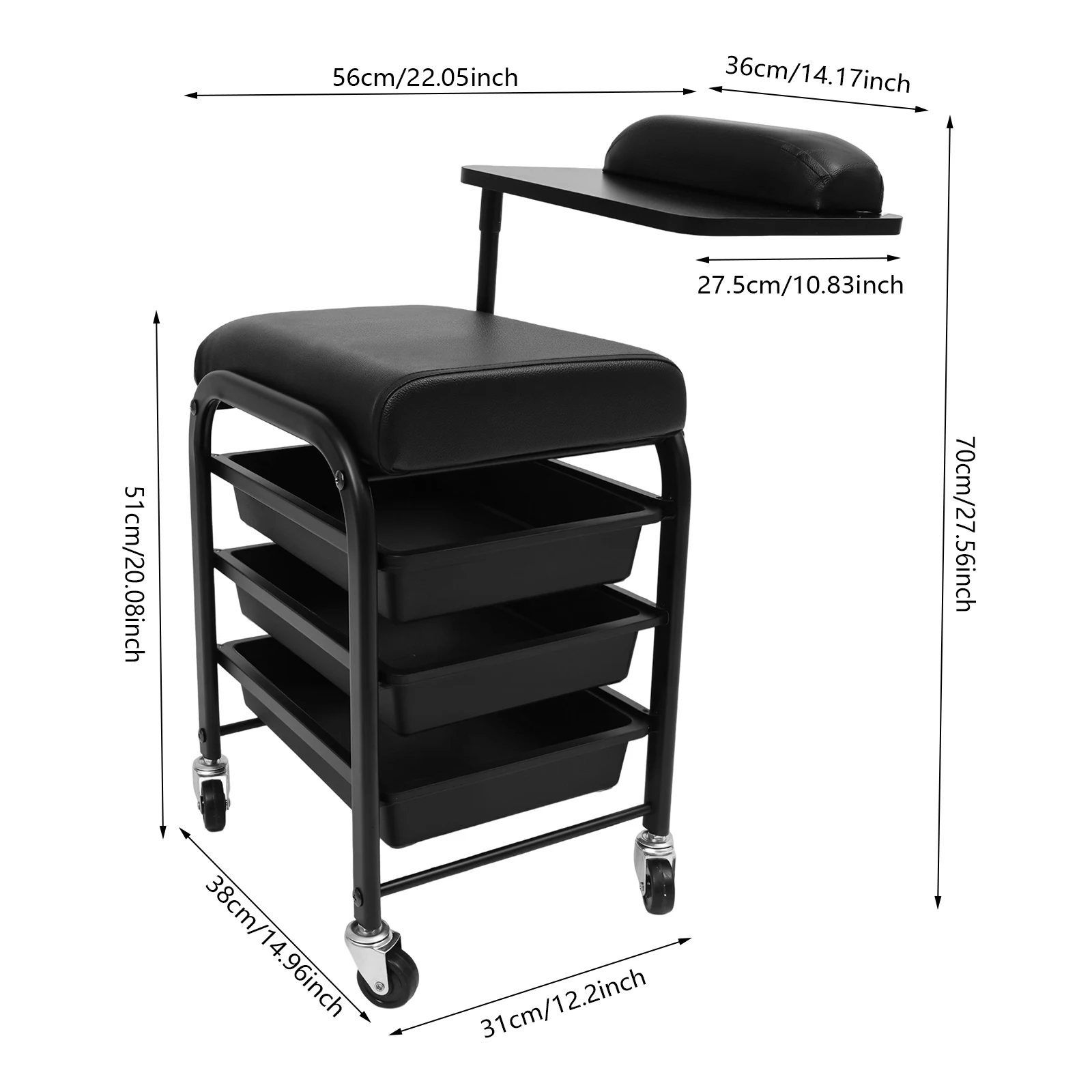 Spa Portable Cart, 3 Drawers Beauty Salon Nail Cart, Floorstanding Rolling Storage Cart with 360° Rotating Hand Support Sturdy and Durable