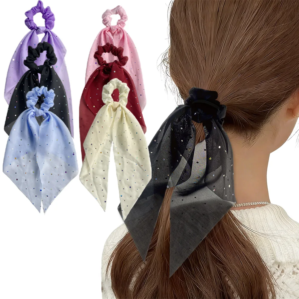 2pcs Rhinestone Chiffon Ribbon Scrunchies, Gentle & Ethereal, For Daily Hair Tying, Dating & Party Looks - view 3