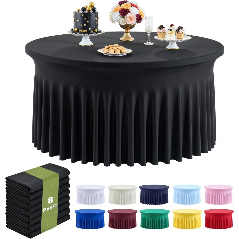 

60 Inch Round Spandex Tablecloth with Black Skirt - Stretchable, Wrinkle-Resistant Fitted Cover for 5FT Tables