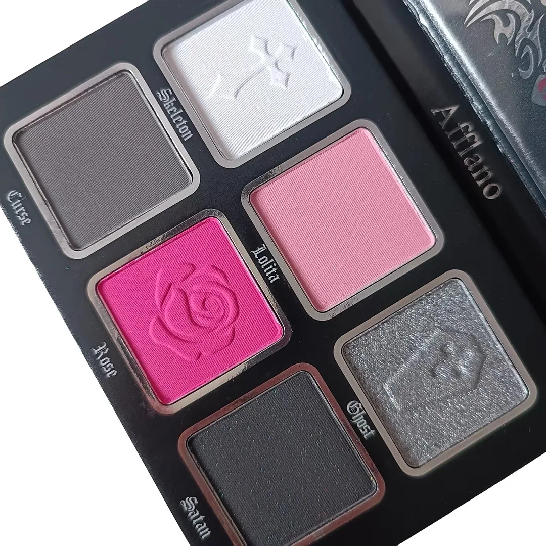 De Afflano 6 สี Goth Eyeshadow Palette สีดําสีขาวสีฟ้าสีชมพูสีแดงสีเขียวแต่งหน้า Matte Pearlescent Lasting Eye Shadow