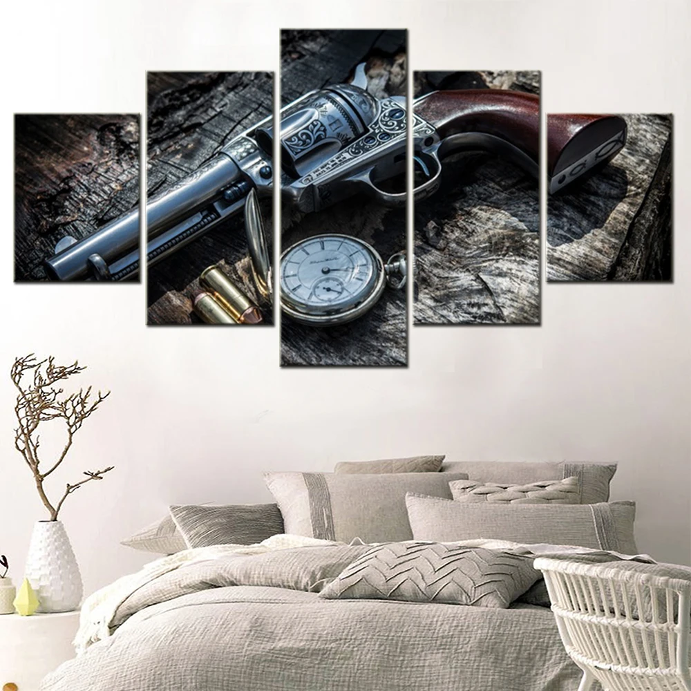 

5 Pieces Canvas Wall Arts Poster Painting Clock Weapon Revolver Wallpaper Picture Print Home Decor Living Room Artwork Framework