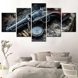 5 Pieces Canvas Wall Arts Poster Painting Clock Weapon Revolver Wallpaper Picture Print Home Decor Living Room Artwork Framework
