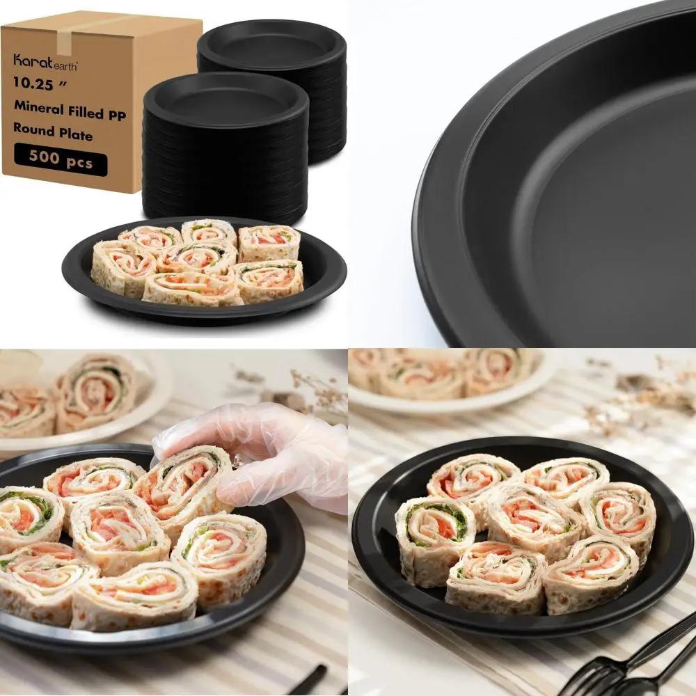 

Eco-Friendly Disposable Plates - Heavy Duty 1 Compartment Black Round, 10 to 500 Pieces, Mineral Filled PP Plastic, Red Colored,