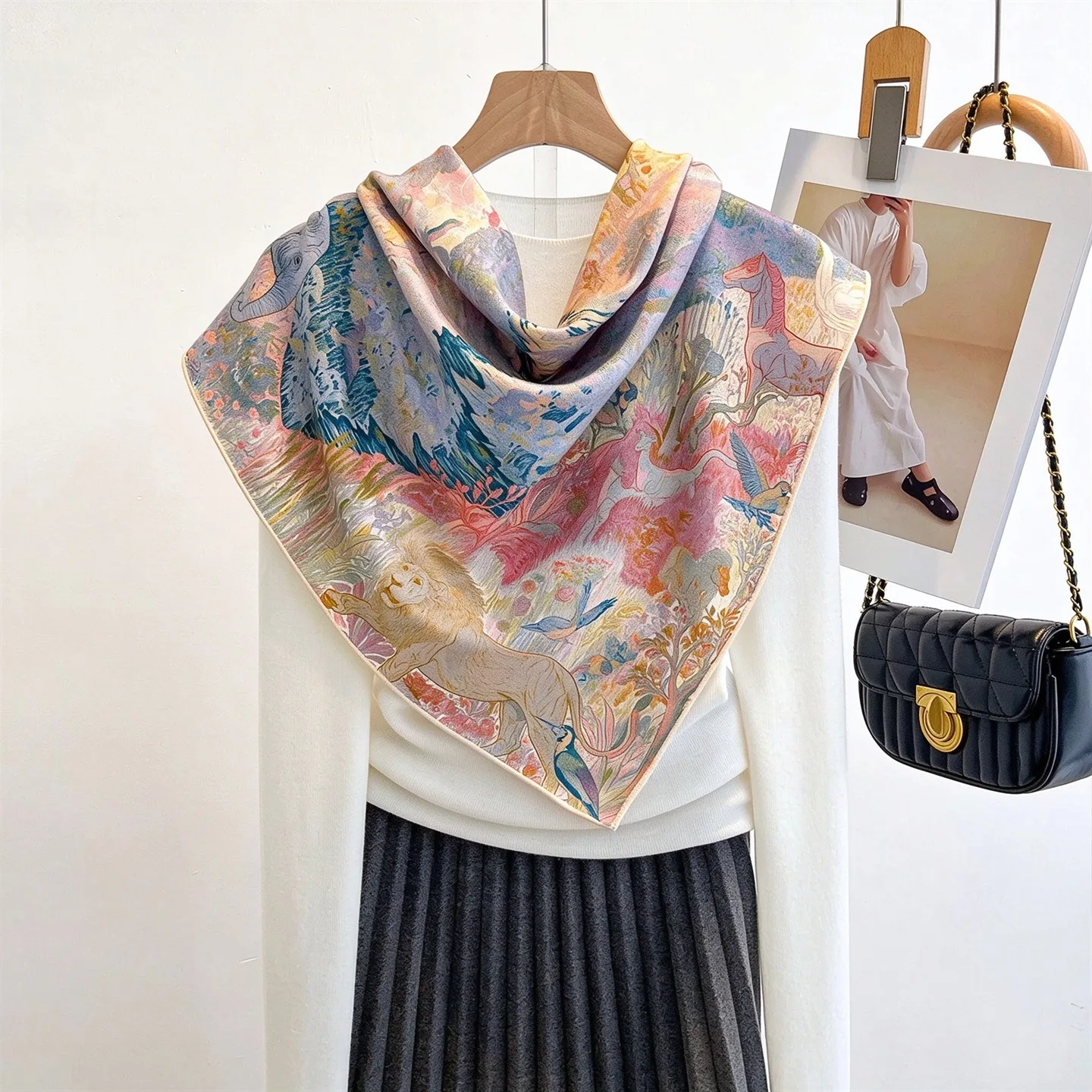 Vintage Nature Forest Wool Silk Square Scarf for Women Woodland Animal Tree Landscape Print Square Scarf Boho Accessories