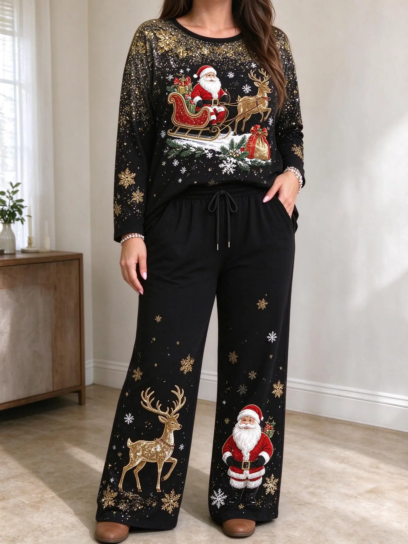 Women Imitation Cotton Pajama Set Black Gradient Gold Silver Snowflake Print Round Neck Long Sleeve 2PCS Sleepwear Loungewear