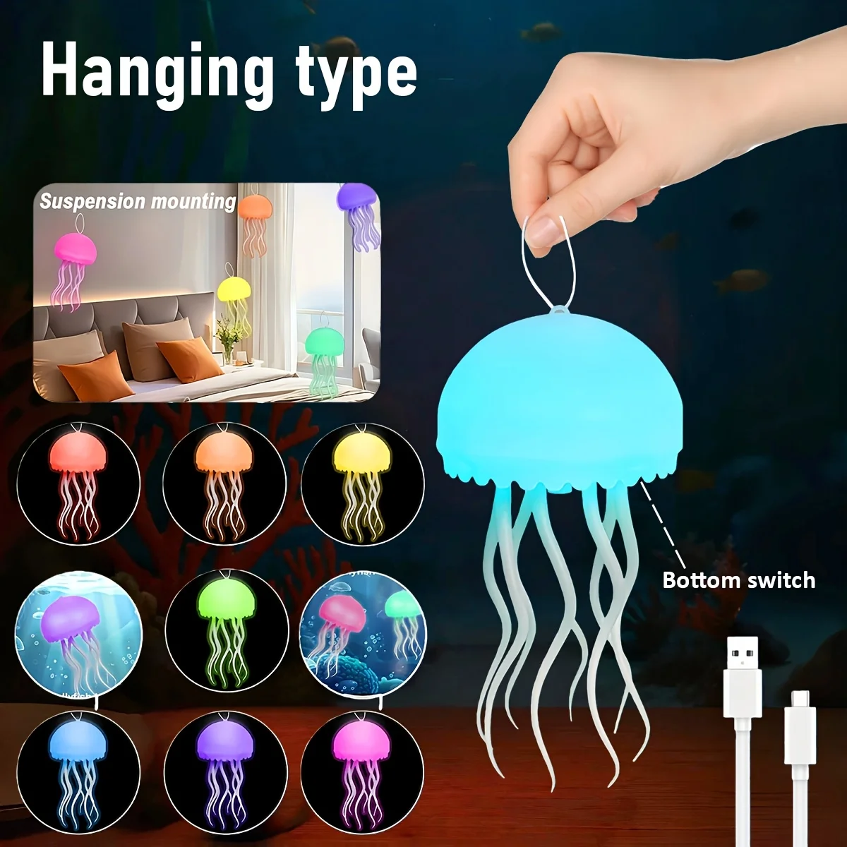 Hanging Jellyfish LED Night Light, 7 Color Changing Silicone Ambient Lamp, USB Powered for Bedroom, Bathroom, Party, Home Decor,