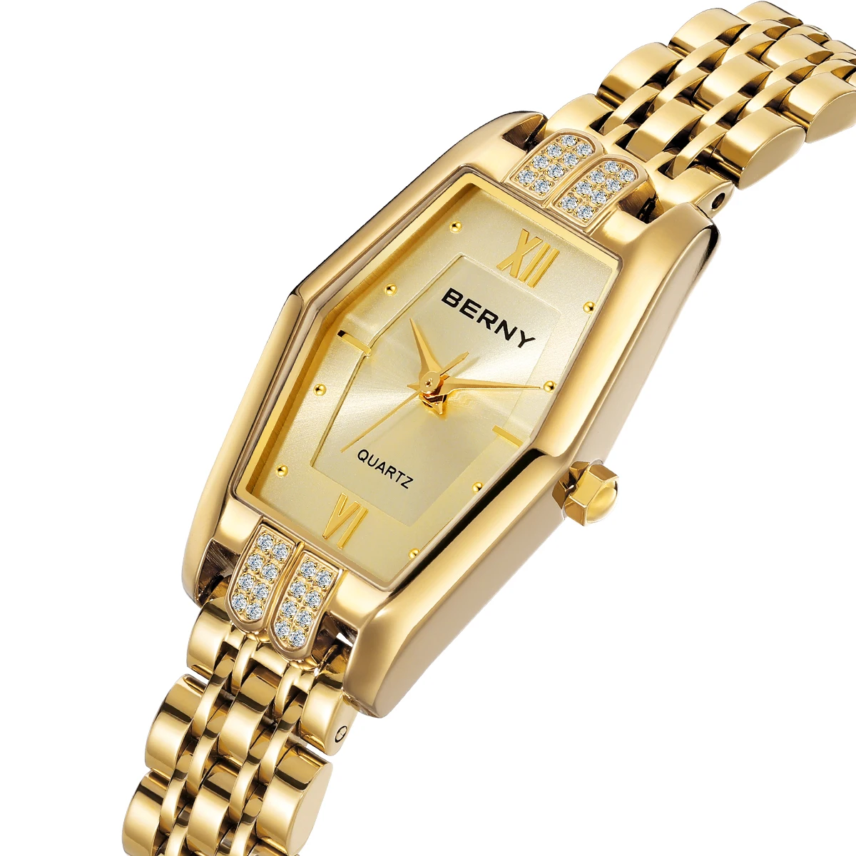 BERNY Women's Watches Gold Full Stainless Steel Luxury Diamond Dress Quartz Watch for Women Fashion Elegant Ladies Wristwatches