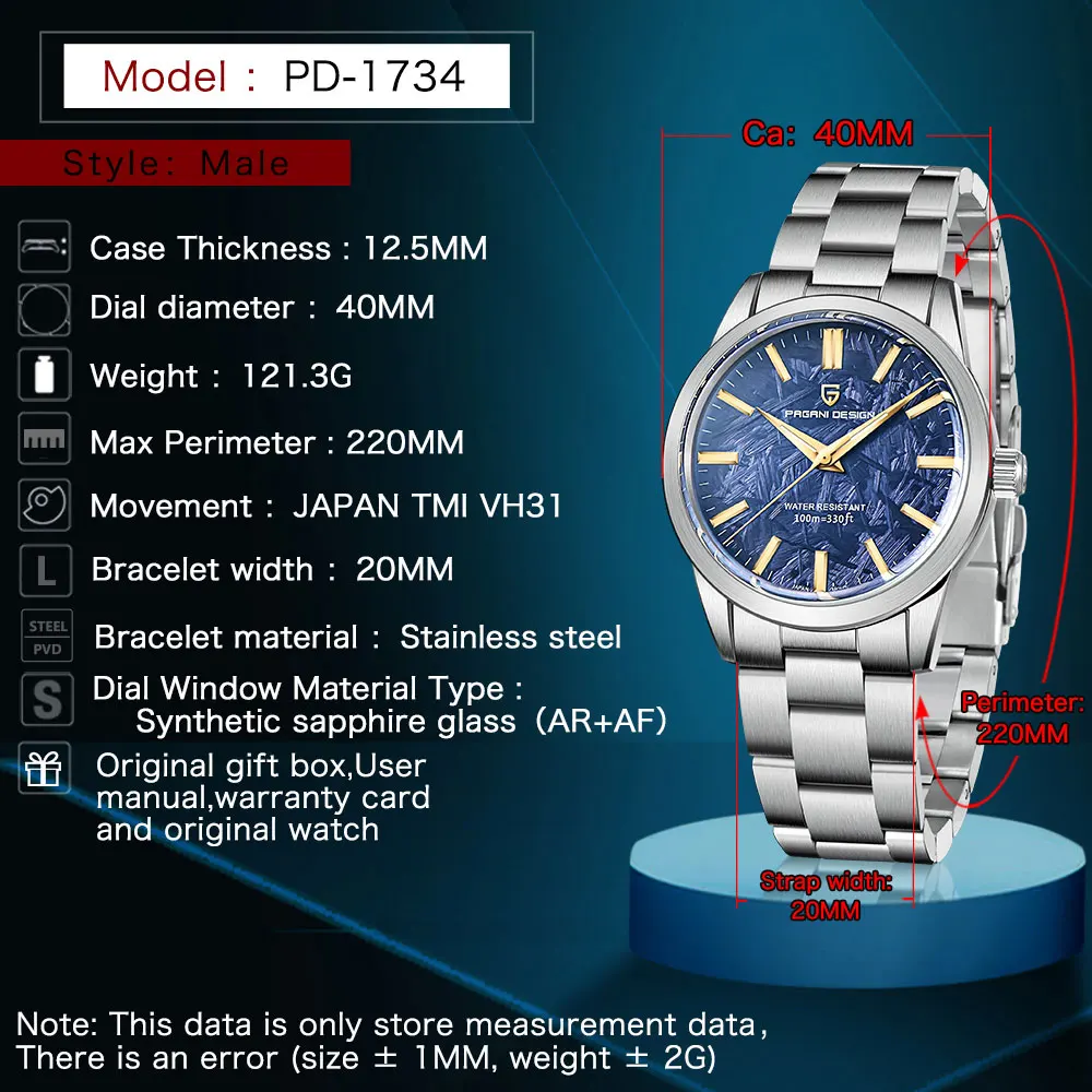 PAGANI DESIGN 40MM Men Quartz Watch TMI VH31 Luxury Business Top Sapphire 316L Stainless Steel 100M Waterproof Watches Men Gift view 6