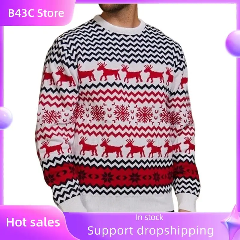 B14C Couples' Casual Christmas Sweater Raglan Sleeve Crew Neck Knitted Pullover Comfy Warm Fall Tops