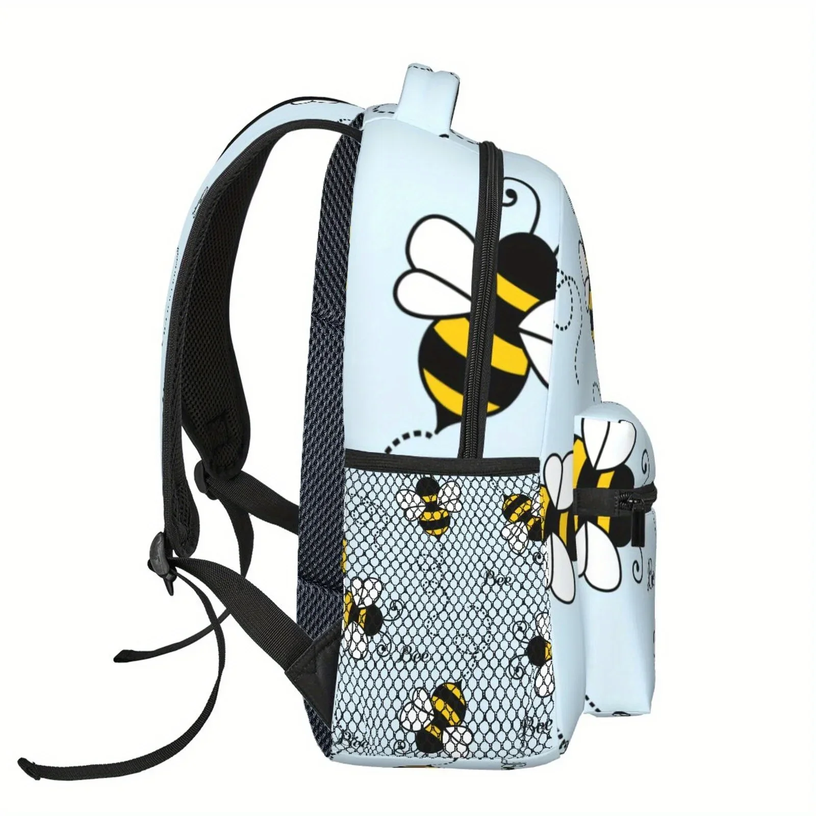 Custom Bag 1pc Adorable Bee-Themed Backpack - Light Blue With Vibrant Bee & Floral Print, Double Mesh Pockets, Durable & Lightwe