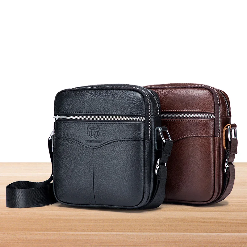 Bolso de hombro informal para hombre, bandolera de cuero genuino con cremallera para Ipad de 8 pulgadas, de negocios, sólido, de viaje