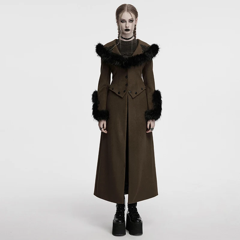 PUNK RAVE Women's Detachable Fur Collar & Hem Two-piece Jacket Gothic Atmosphere Adjustable Waist Long Coat Fall Winter