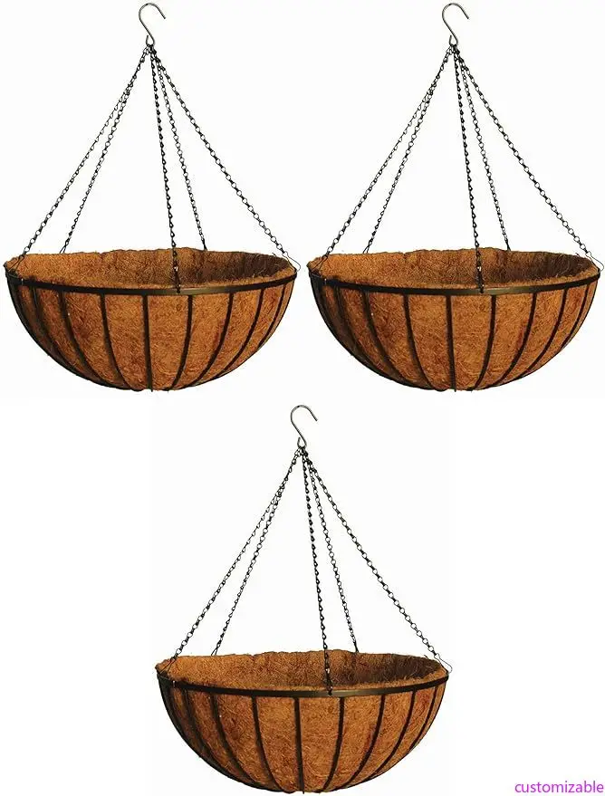 

Three 24-Inch Georgian Style Iron Hanging Baskets with Coco Moss Liners and Heavy-Duty Chain Hangers