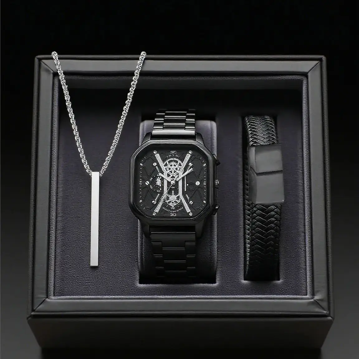 

Trendy Men's Black Samurai Square Hollow Watch Three-Piece Set Cool Cool Mechanical Wind Watch Necklace Bracelet Set for Boyfrie