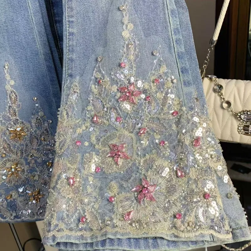 Summer Heavy Industry Beads Sparkling Sequins Perspective Thin Elastic High Waist Nine-point Denim Flared Pants Women' Exquisite