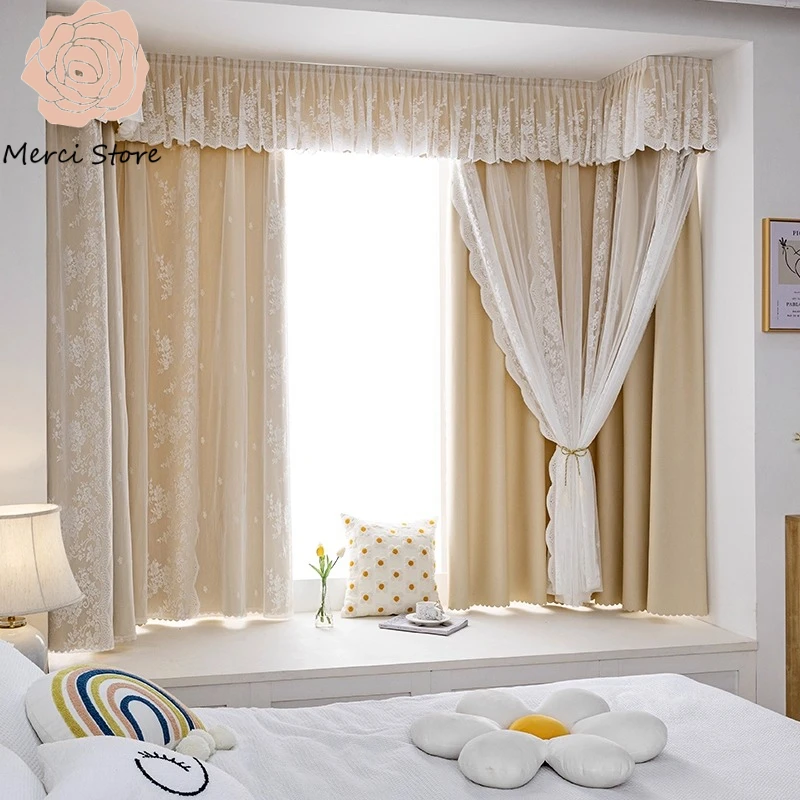 

French Girl Double Layer Lace Curtains for Living Room Bedroom Integrated Window Short Floor To Ceiling Balcony with Decorative