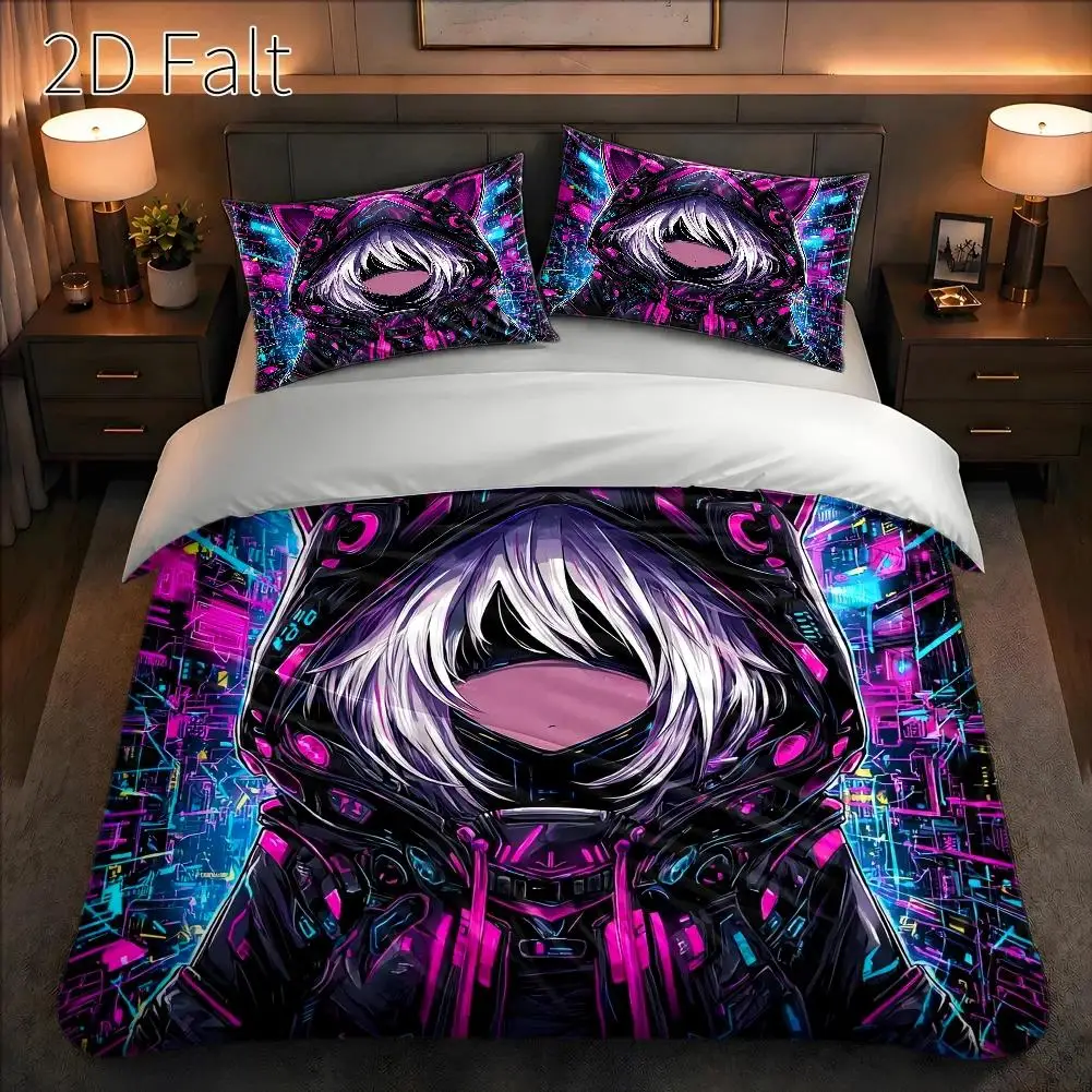 3-Piece Duvet Cover Set, 1 Duvet Cover + 2 Pillowcases (Without Filling) 2D Flat Printing, Duvet Cover Set of Three, Futuristic Cat Head Theme, Cyberpunk Style, Cyber Festival, Suitable for All Seasons, Machine Washable, Invisible Zipper, Large Duvet Cover Set, Bedding Set, Skin-Friendly and Breathable, Soft and Comfortable, Does Not Fade or Pill, for Home/Dorm