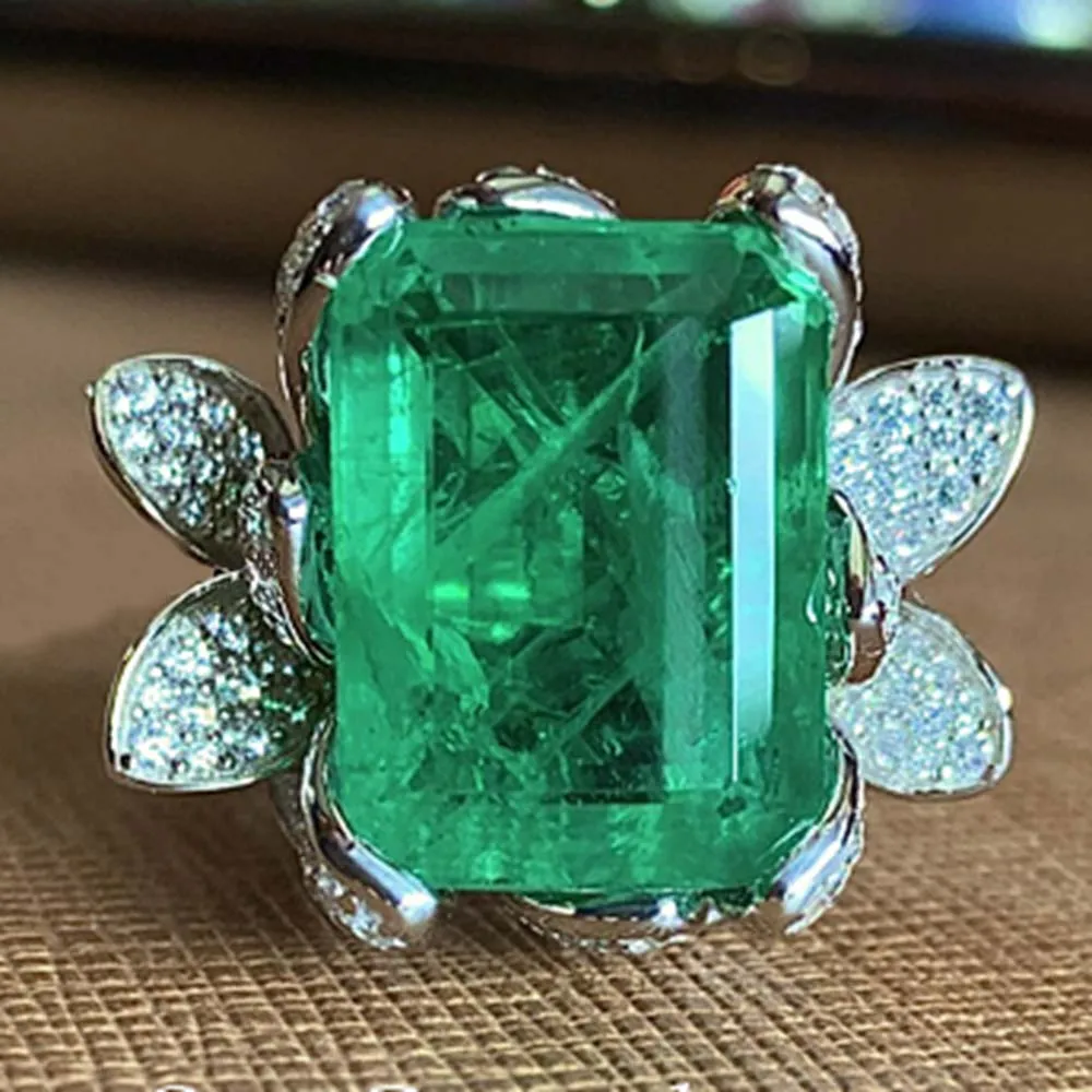 ARIGAYA High Craft 925 Sterling Silver With Large Rectangle Created Emerald Gemstones Flower Rings For Women Luxury Fine Jewelry