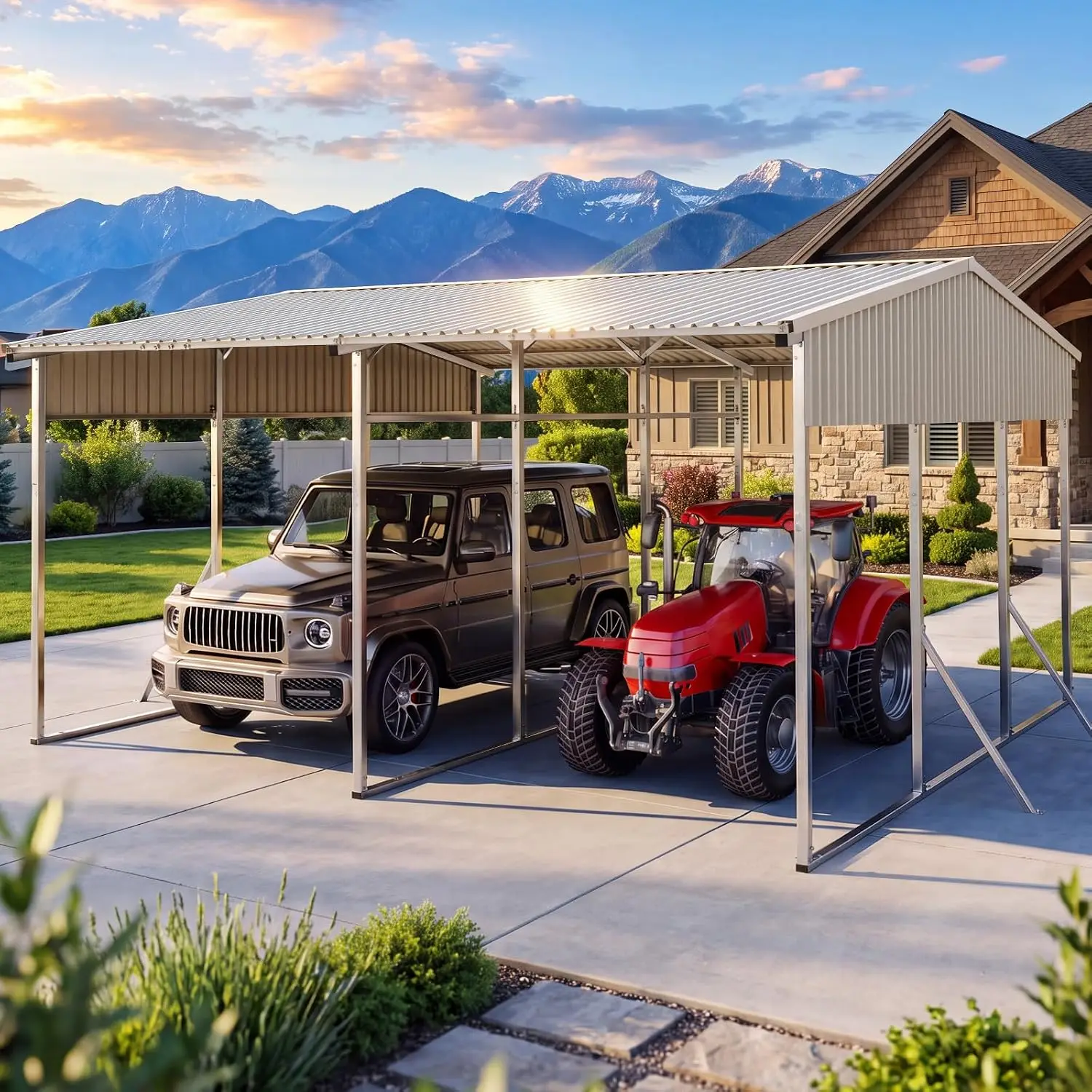 20x20 FT Heavy Duty 2-Car Metal Carport, Vertical Roof Car Port, Custom