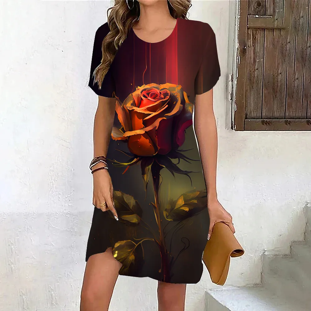 Painting Flower Women's New Dress Summer Fashion Tie Dye Gradient Floral Print Dress Casual Retro Street Art Short Sleeve Dress