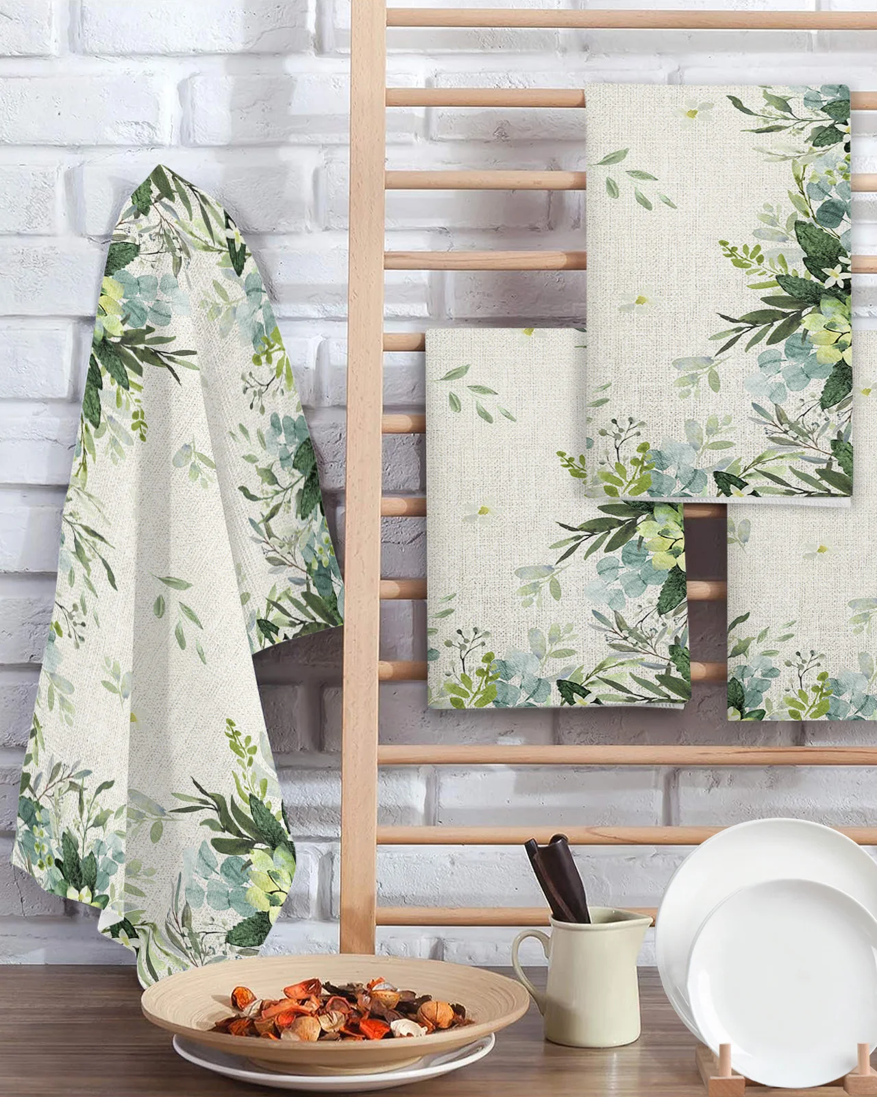 Summer Watercolor Eucalyptus Leaf Farm 40*60cm Tea Towels Absorption Walf Checks Kitchen Cleaning Towel Cloth Napkins Dish Rags