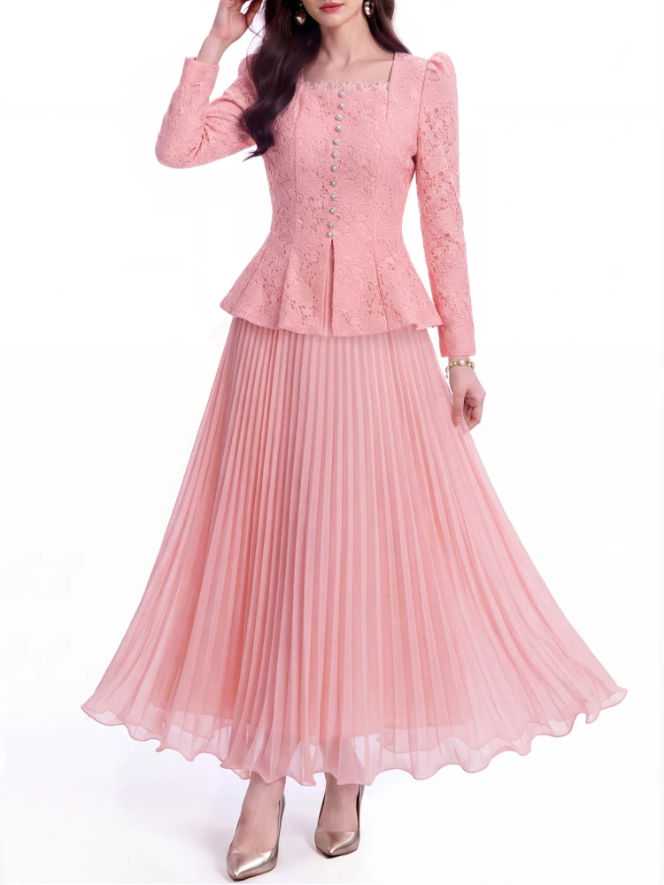 Elegant Lace Single Breasted Square Neck Long Sleeved Top+Skirt Two-Piece Set 2026 New Fashionable Women'S Autumn Clothing