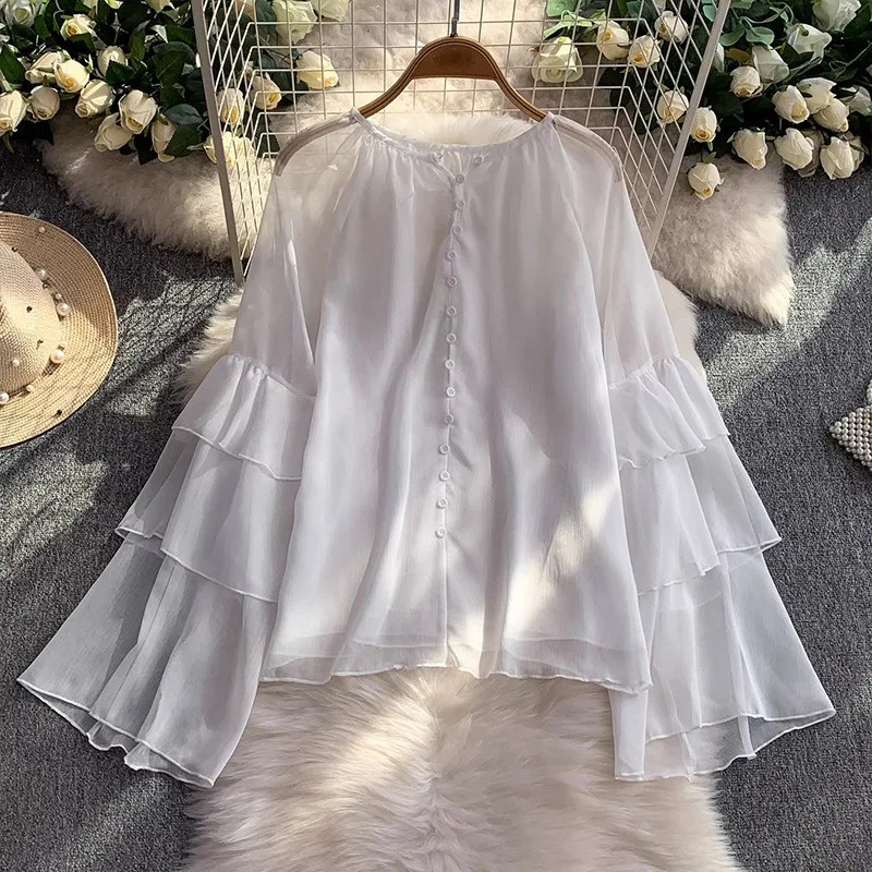 French Ruffle Patchwork Purple Shirt For Women 2025 New Design Sense Youthful Versatile Loose Bell Sleeve Top