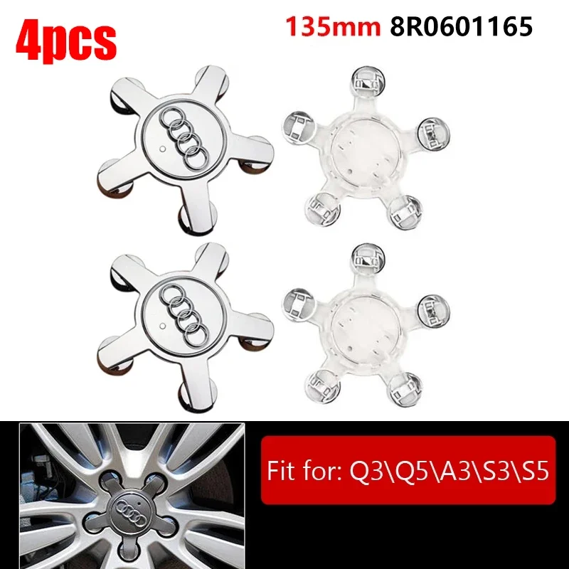 4PCS 135mm Wheel Center Hub Caps Silver Badge Decoration For Audi Q5 Q3 A3 S3 S5 Sline Logo Hubcap Car Accessories 8R0601165